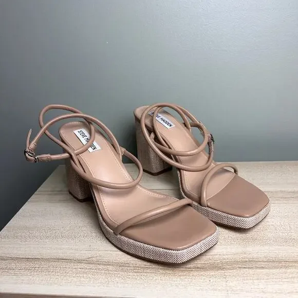 Steve Madden Pennie Tan Brown Faux Leather Strappy Block Heels Sandals size 9.5 - Picture 4 of 12